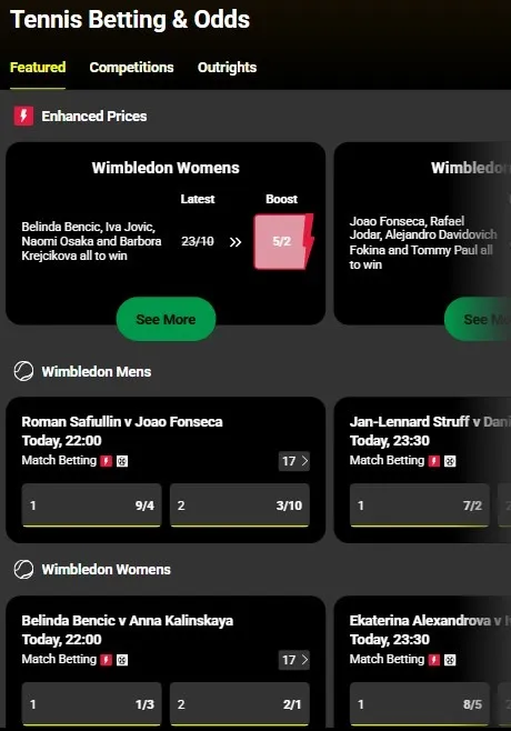 Parimatch tennis page with enhanced prices on Wimbledon men's and women's markets alongside match betting odds