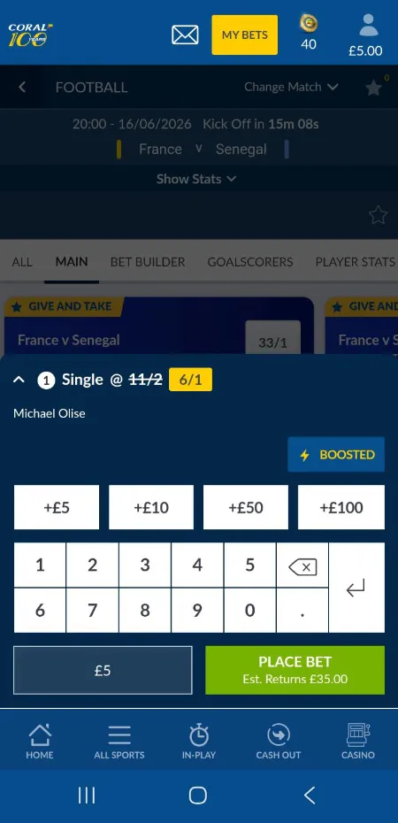 coral mobile app preview: A bet slip is expanded for a Michael Olise single bet, with odds boosted from 11/2 to 6/1