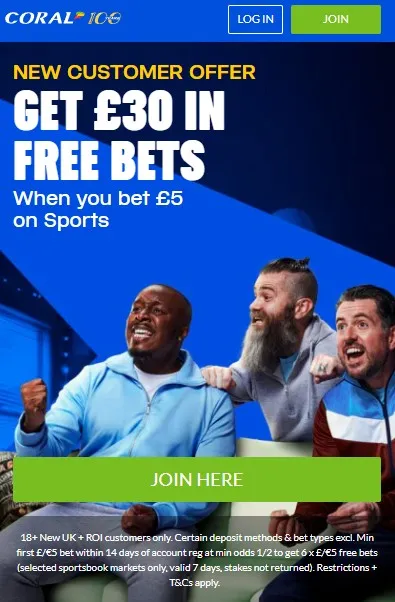 Coral sports sign up offer: get £30 in free bets when you bet £5 on sports
