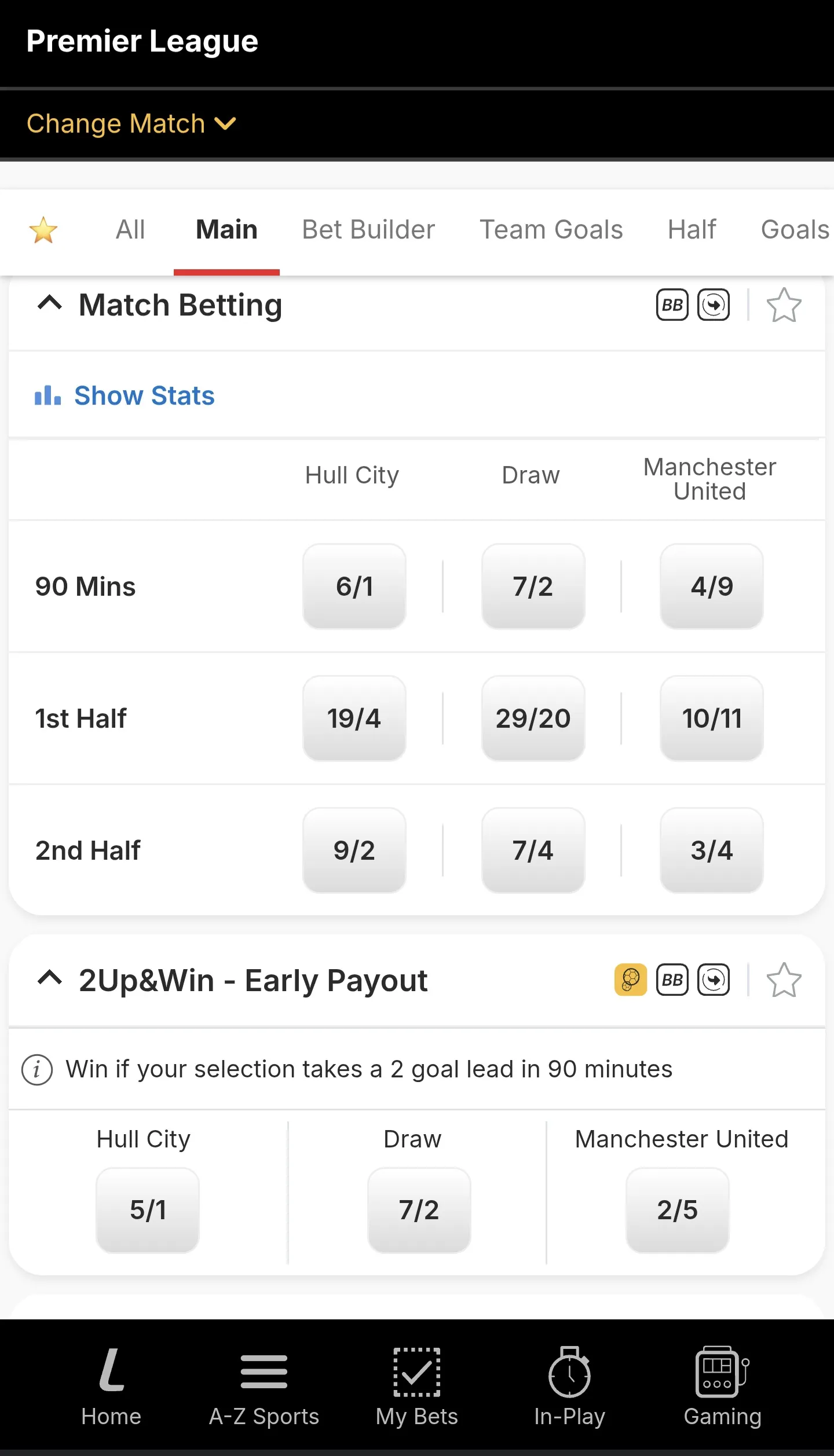 ladbrokes match betting between hull vs Man Utd