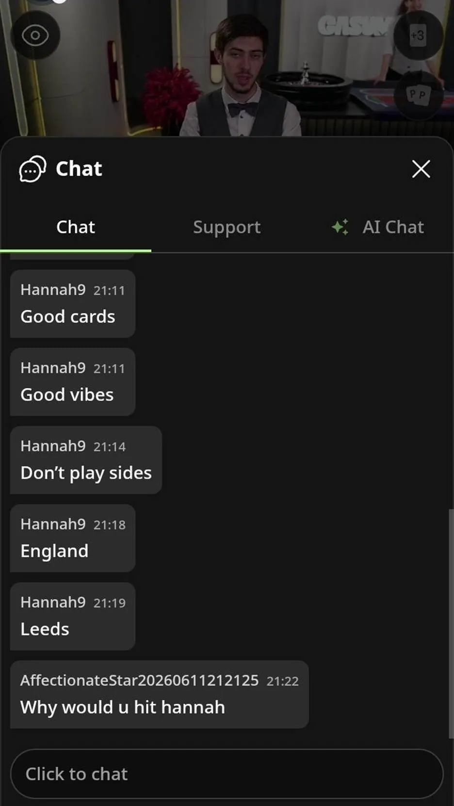 Casumo Creed Roomz chatroom during a live blackjack game with player messages from Hannah9