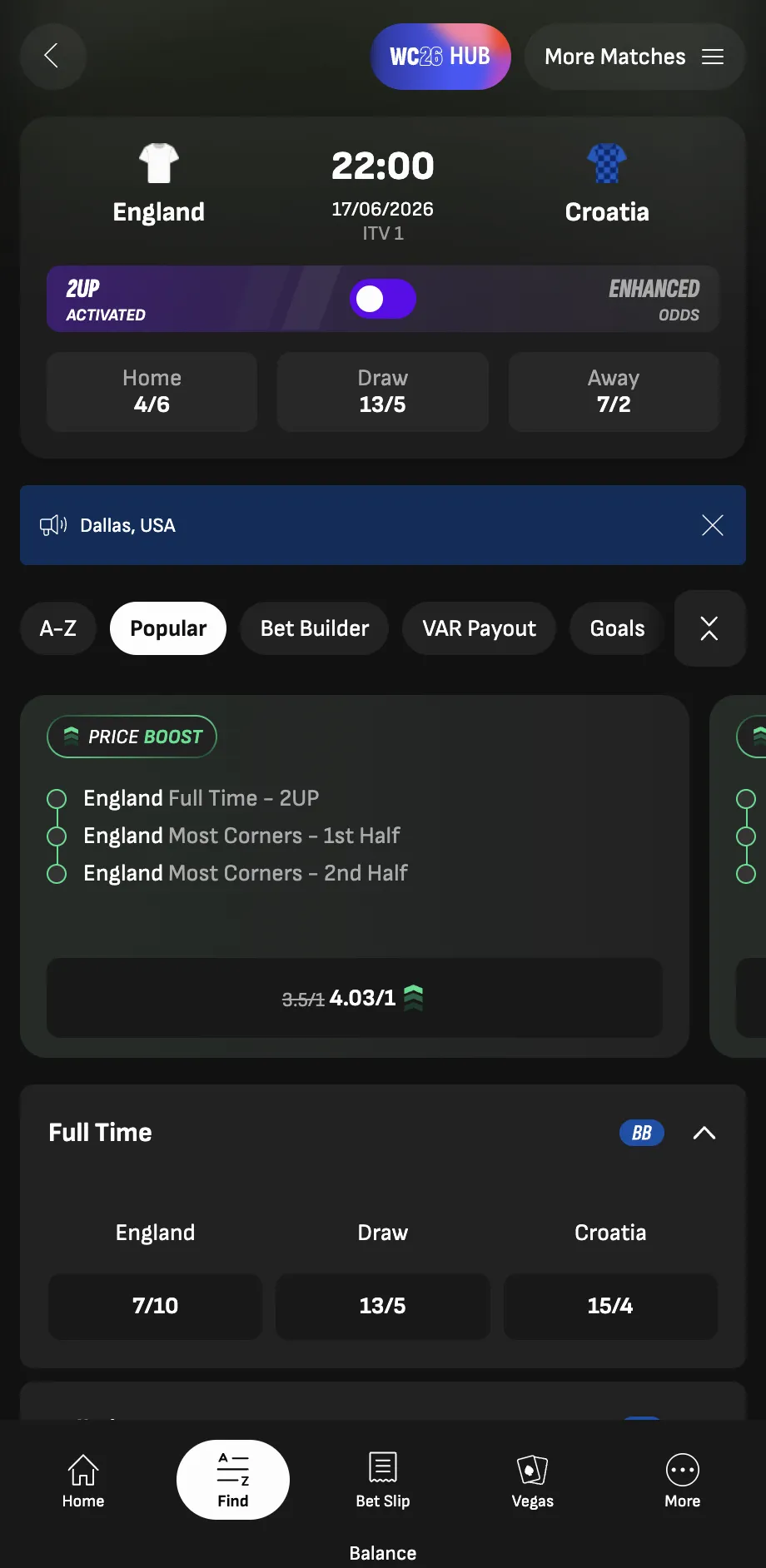Livescorebet England v Croatia World Cup betting page with 2UP and price boosts