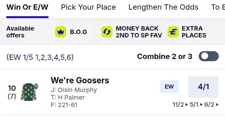 Paddy Power race card with B.O.G shown in the Available offers row, confirming Best Odds Guaranteed is live for the race