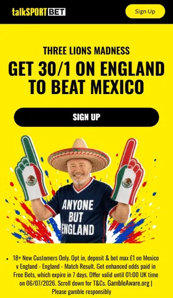 talksportbet england vs mexico 30 to 1 offer
