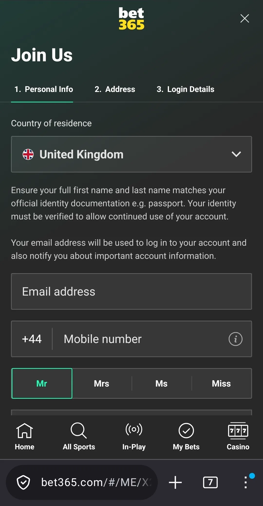 bet365 registration form, personal information